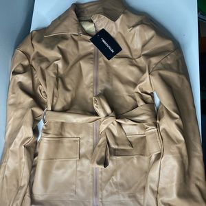 Camel Faux Leather Longline Ruched Sleeve Belted
Jacket